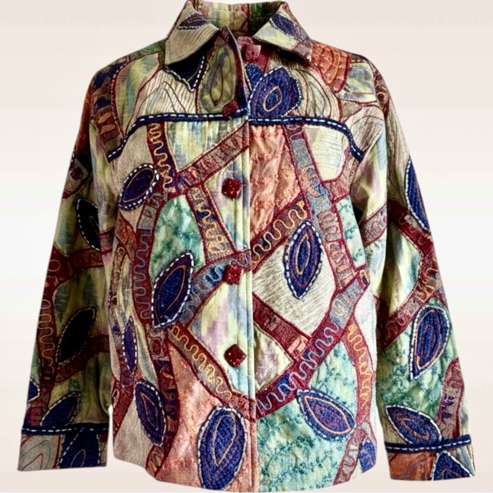 Vintage Silk Cotton Patchwork Jacket India Abstract Boho XL Anage